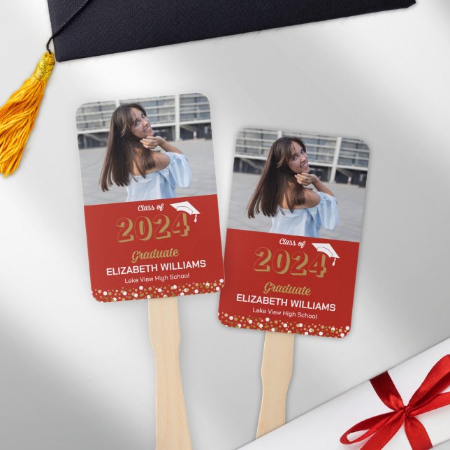 Gold Foil Script Confetti Photo Red Grad Hand Fan (Creator Uploaded)