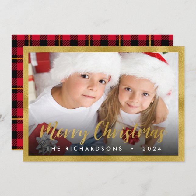 Gold Foil Script Merry Christmas Family Photo Holi Holiday Card (Front/Back)