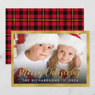 Gold Foil Script Merry Christmas Family Photo Holiday Card