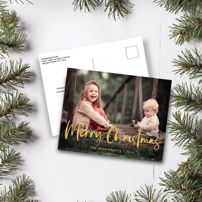 Gold Foil Script Merry Christmas Holiday Photo (Gold Foil Script Merry Christmas Holiday Photo Postcard)