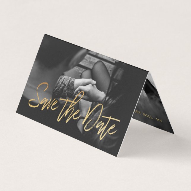 Gold Foil Script Photo Save The Date Card (Front)