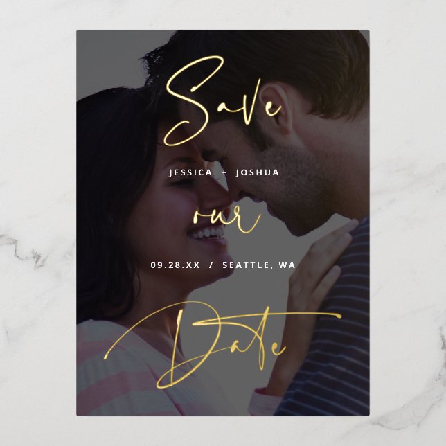 Gold Foil Script Vellum Look Photo Save the Date Foil Invitation Postcard (Front)