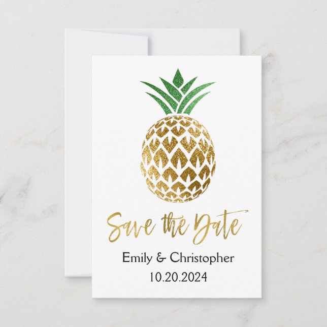 Gold Foil Script Wedding Save the Date Pineapple (Front)