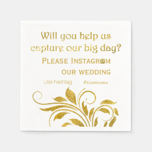 Gold foil scroll leaf hashtag floral wedding napkin