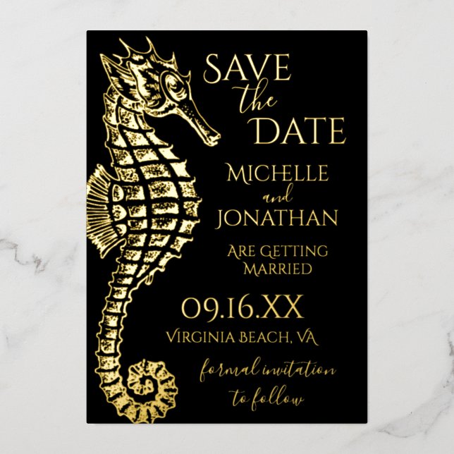 Gold Foil Seahorse Beach Wedding Save the Date (Front)