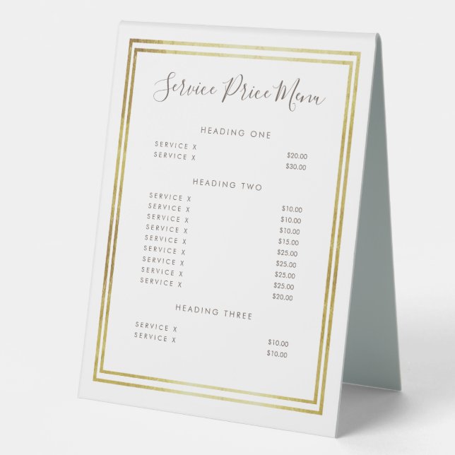Gold Foil Service Price Menu Custom Made (Front)