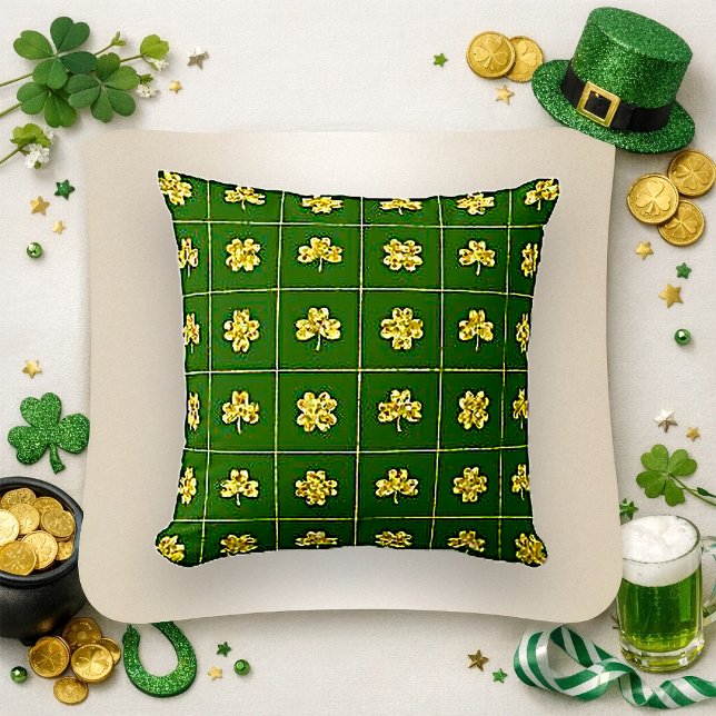 Gold Foil Shamrock Green Grid Pattern Cushion (Creator Uploaded)