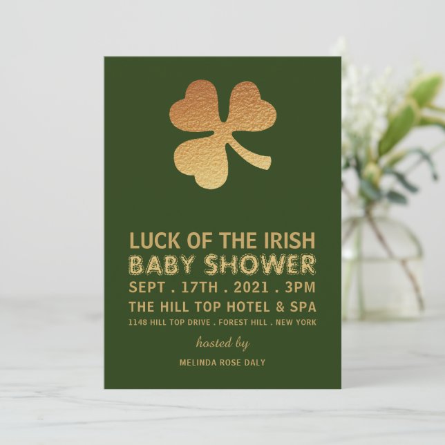 Gold Foil Shamrock, Irish Baby Shower Invitation (Standing Front)