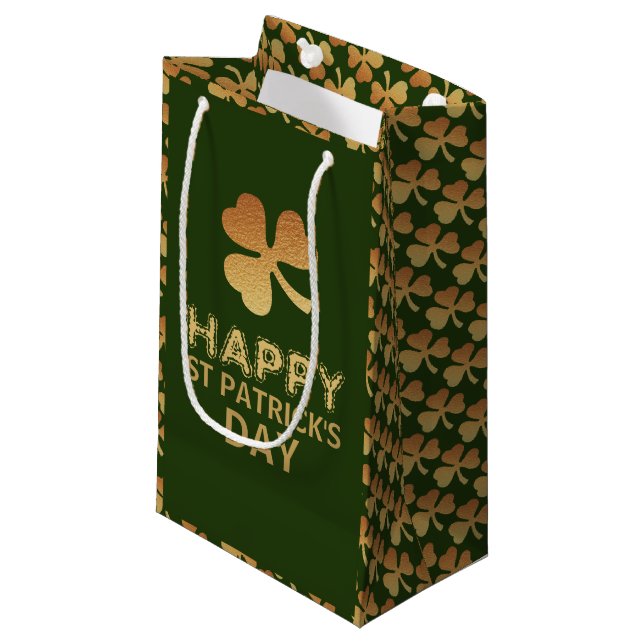 Gold Foil Shamrock, St Patrick's Day Party Small Gift Bag (Front Angled)