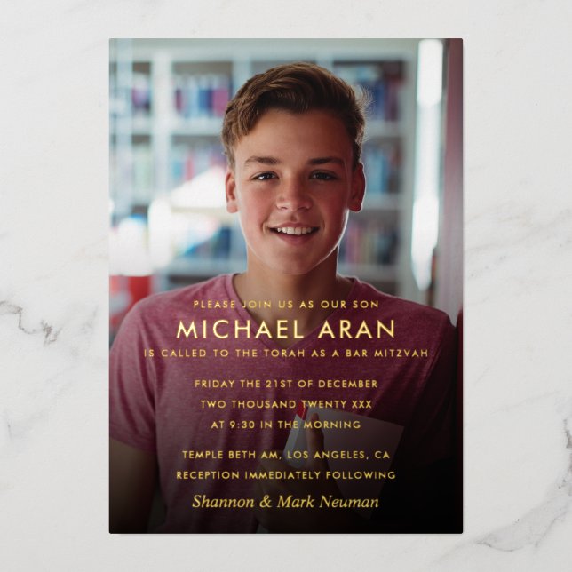 Gold Foil Simple Bar Mitzvah Photo Foil Invitation (Front)