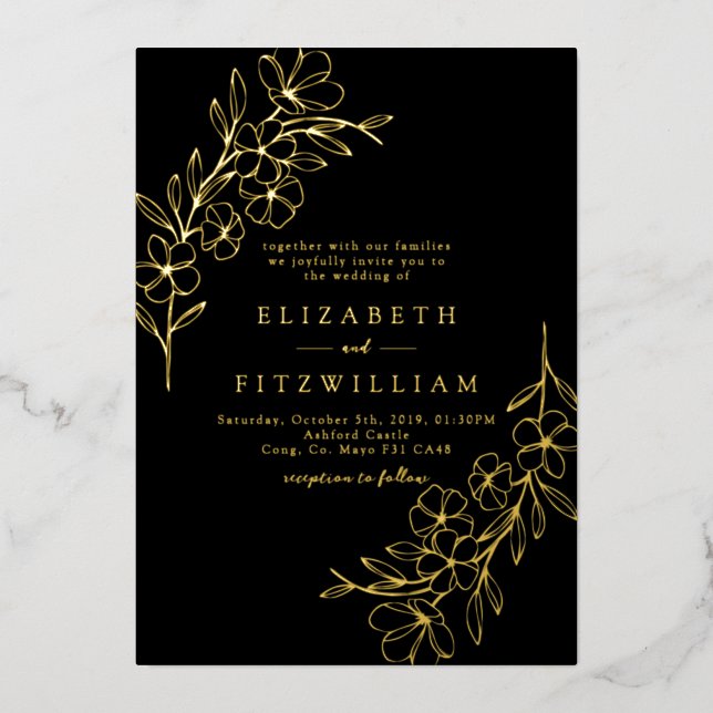 Gold Foil Simple Cherry Blossoms Black Wedding  (Front)