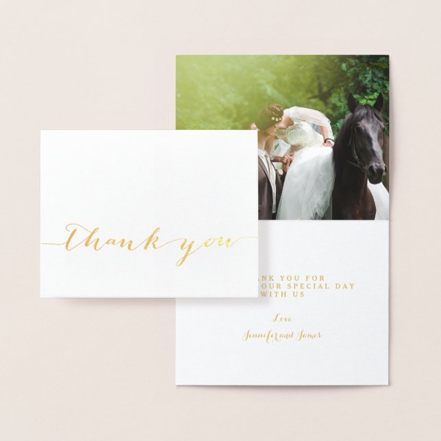 Gold Foil Simple Script Wedding Thank You Photo Card (Display)