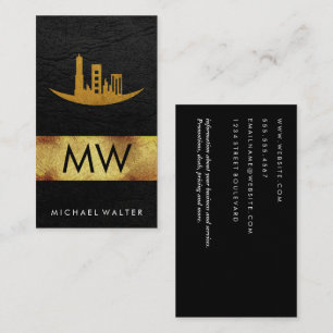 Gold Foil Skyline   Leather Monogram Business Card