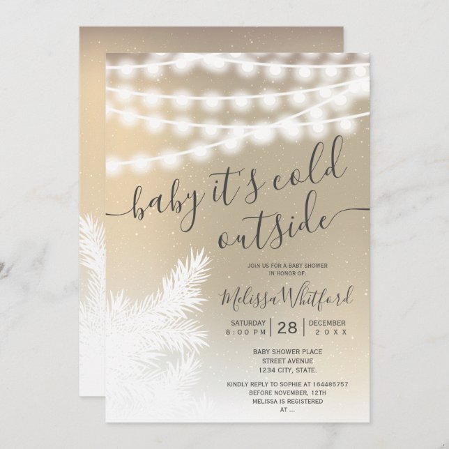 Gold foil snow pine string lights baby shower invitation (Front/Back)