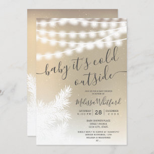 Gold foil snow pine string lights baby shower invitation