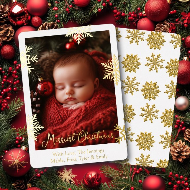 Gold Foil Snowflakes and Family Photo Personalised Foil Holiday Card (Creator Uploaded)