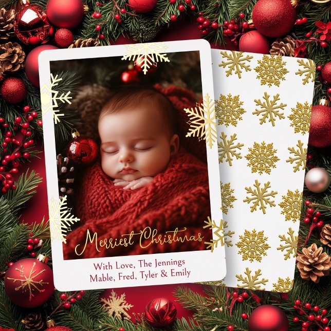 Gold Foil Snowflakes and Family Photo Personalised Foil Holiday Card (Creator Uploaded)
