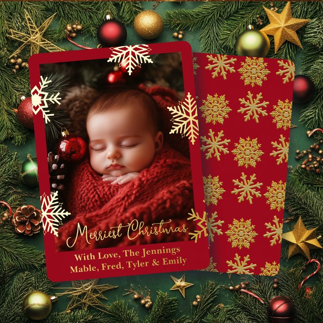 Gold Foil Snowflakes and Family Photo Personalised Foil Holiday Card (Creator Uploaded)