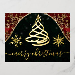 Gold Foil Snowflakes and festive tree Christmas Holiday Postcard