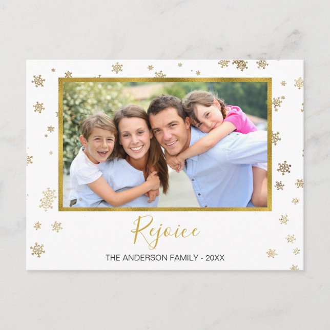 Gold Foil Snowflakes Rejoice Photo Card (Front)