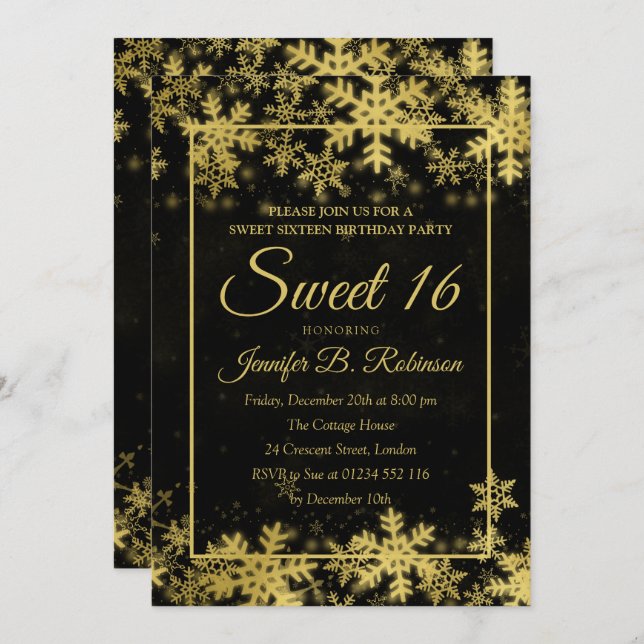 Gold Foil Snowflakes Sweet 16 Birthday Invitation (Front/Back)