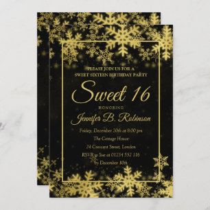 Gold Foil Snowflakes Sweet 16 Birthday Invitation