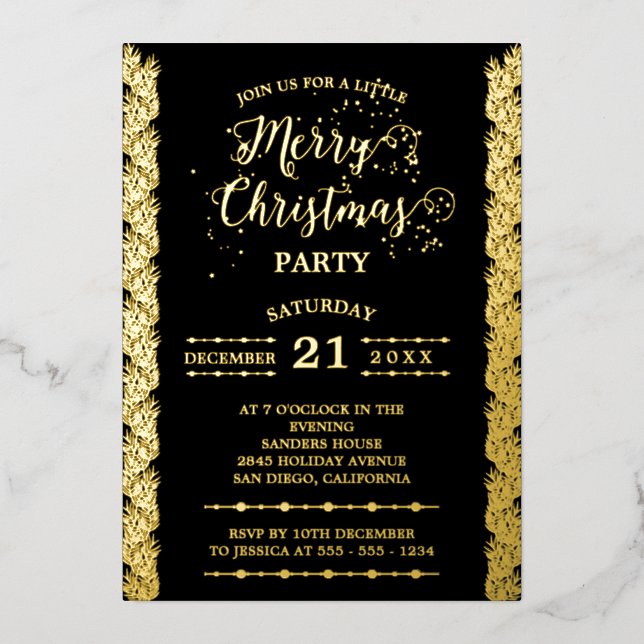 Gold Foil Sparkles Merry Christmas Party Black (Front)