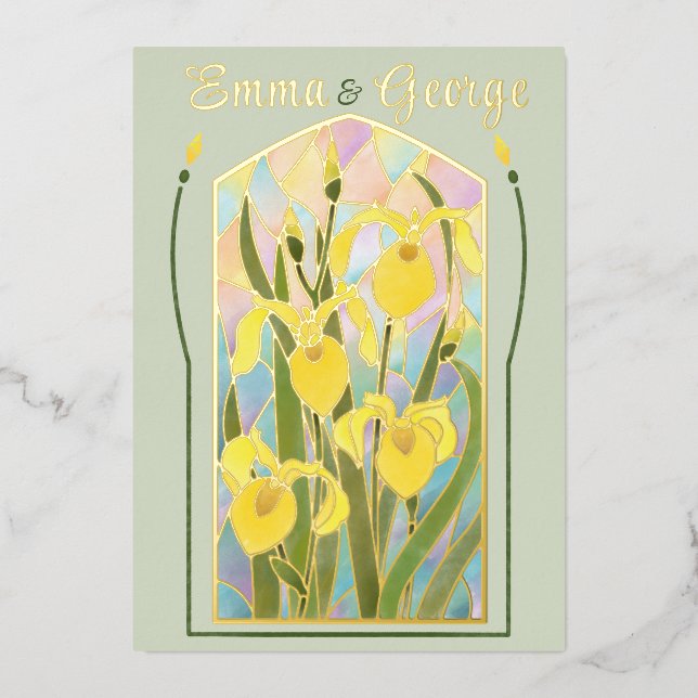 Gold Foil Stained Glass Irises Invitation (Front)