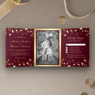 Gold Foil Stars Confetti Burgundy Wedding Tri-Fold Invitation