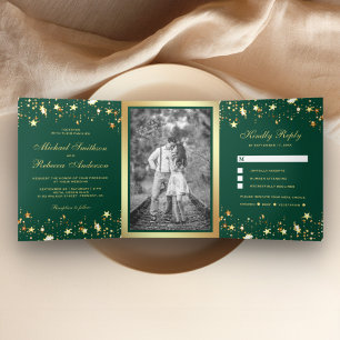 Gold Foil Stars Confetti Emerald Green Wedding Tri-Fold Invitation