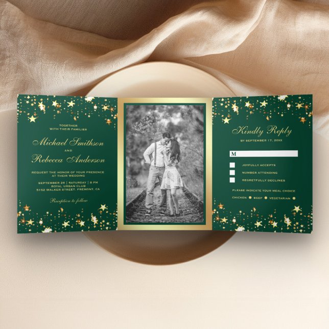 Gold Foil Stars Confetti Emerald Green Wedding Tri-Fold Invitation (Creator Uploaded)