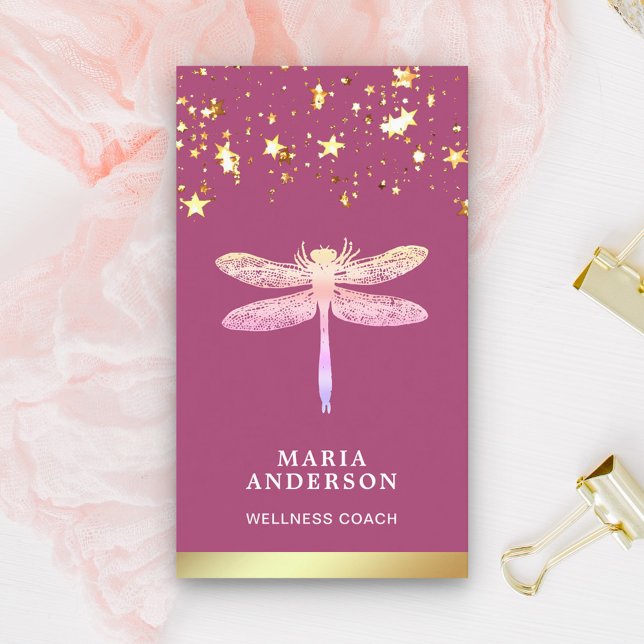 Gold Foil Stars Confetti Pink Dragonfly Business Card (Creator Uploaded)