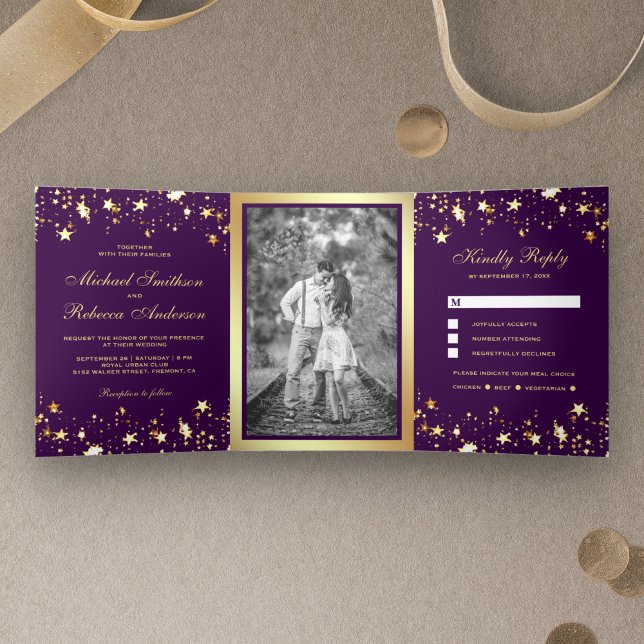 Gold Foil Stars Confetti Purple Wedding Tri-Fold Invitation (Creator Uploaded)
