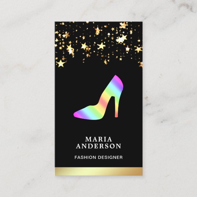 Gold Foil Stars Confetti Rainbow High Heels Business Card (Front)