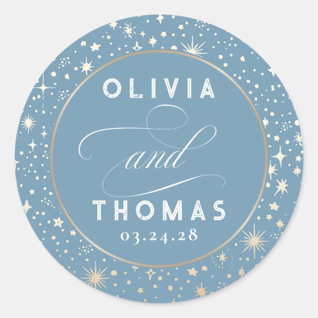 Gold Foil Stars Mystical Celestial Wedding Classic Round Sticker (Front)