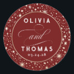 Gold Foil Stars Mystical Celestial Wedding Classic Round Sticker<br><div class="desc">Starry night celestial wedding burgundy red stickers</div>
