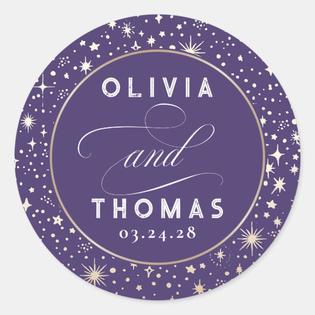 Gold Foil Stars Mystical Celestial Wedding Classic Round Sticker (Front)