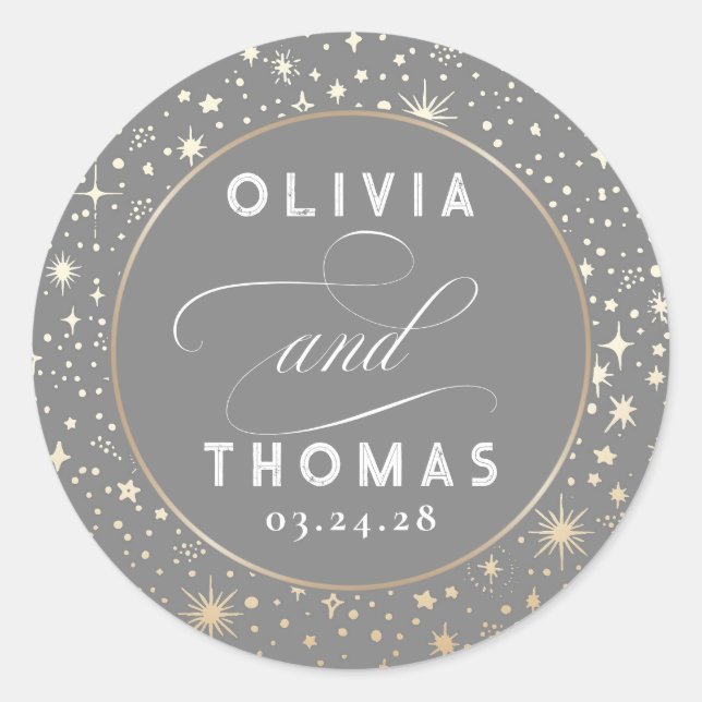 Gold Foil Stars Mystical Celestial Wedding Classic Round Sticker (Front)