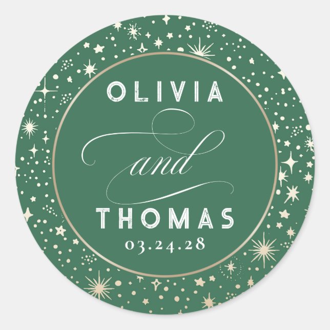 Gold Foil Stars Mystical Celestial Wedding Classic Round Sticker (Front)