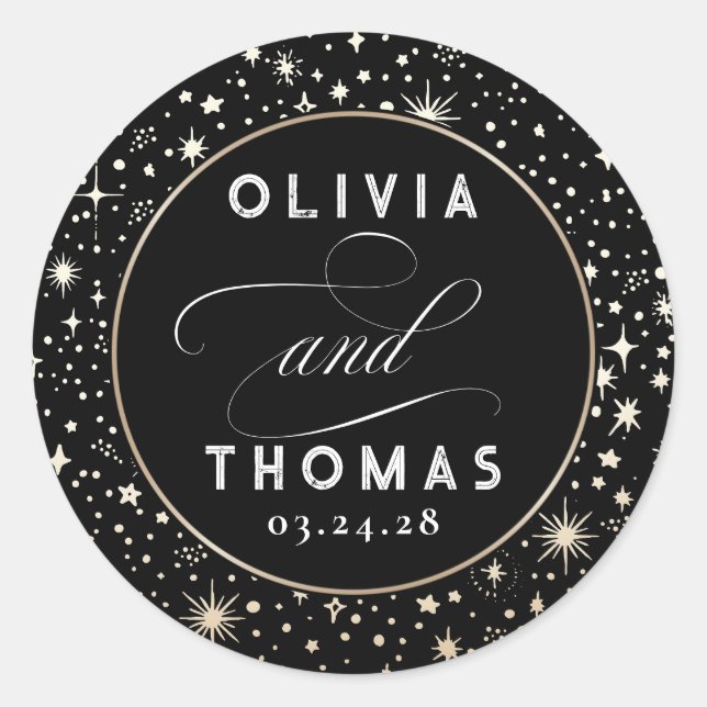 Gold Foil Stars Mystical Celestial Wedding Classic Round Sticker (Front)