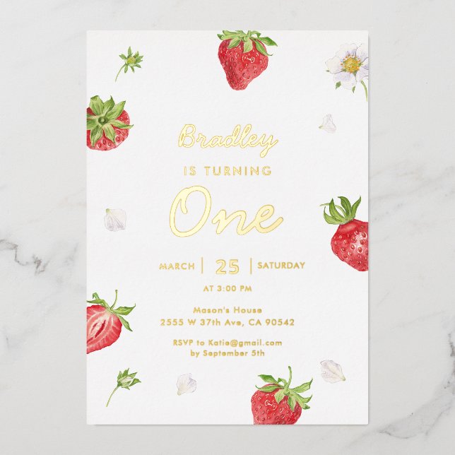 Gold Foil Strawberry Girl First Birthday (Front)