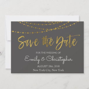 Gold Foil String Lights and Script Save the Date
