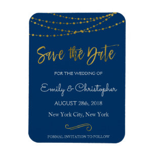 Gold Foil String Lights and Script Save the Date Magnet