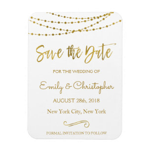 Gold Foil String Lights and Script Save the Date Magnet