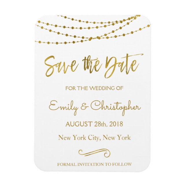 Gold Foil String Lights and Script Save the Date Magnet (Vertical)