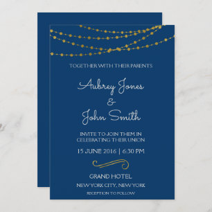 Gold Foil String Lights and Script Wedding Invitation