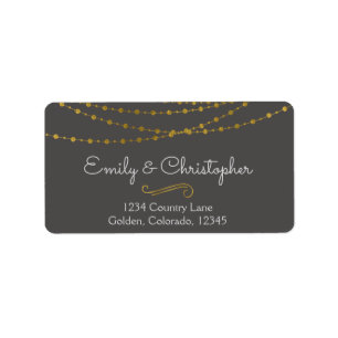 Gold Foil String Lights and Script Wedding Label