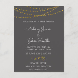 Gold Foil String Lights and Script Wedding Postcard