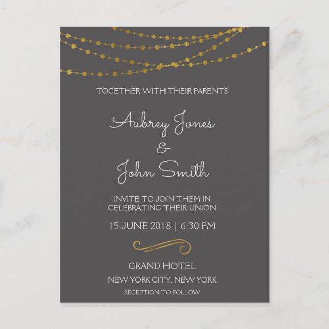 Gold Foil String Lights and Script Wedding Postcard (Front)