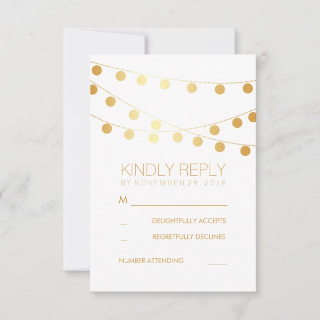 Gold Foil String Lights Modern Wedding RSVP Cards (Front)